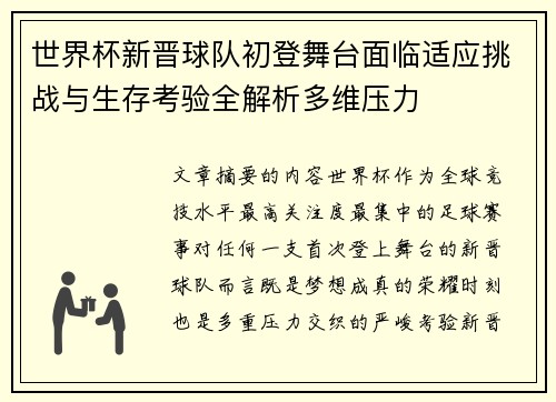 世界杯新晋球队初登舞台面临适应挑战与生存考验全解析多维压力
