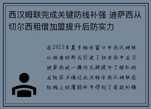 西汉姆联完成关键防线补强 迪萨西从切尔西租借加盟提升后防实力 西汉姆联完成关键防线补强 迪萨西从切尔西租借加盟提升后防实力